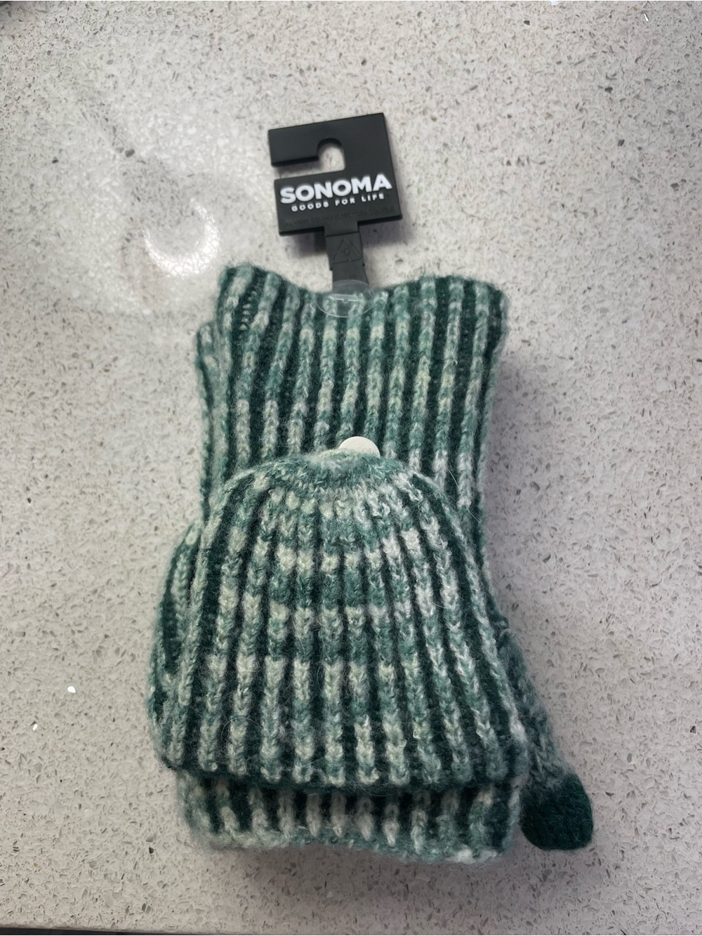 SONOMA Green and Cream Striped Mittens